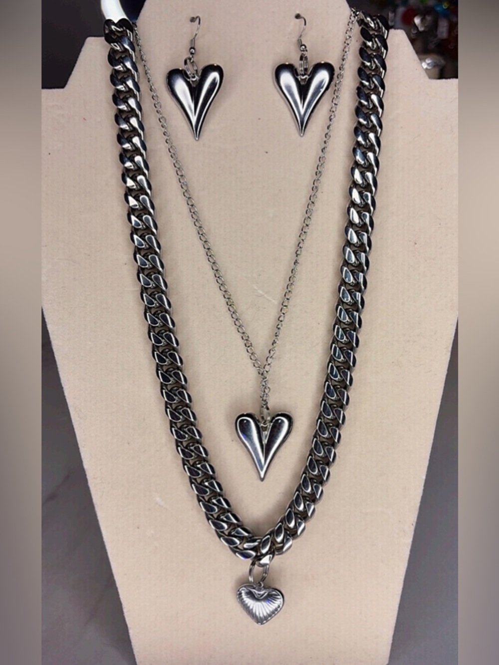 Silver Stainless Steel Heart Necklaces & Earring Jewelry Set - Women Jewelry